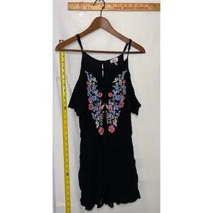Bongo Womens Black Floral Embroidered Cold Shoulder Romper Large